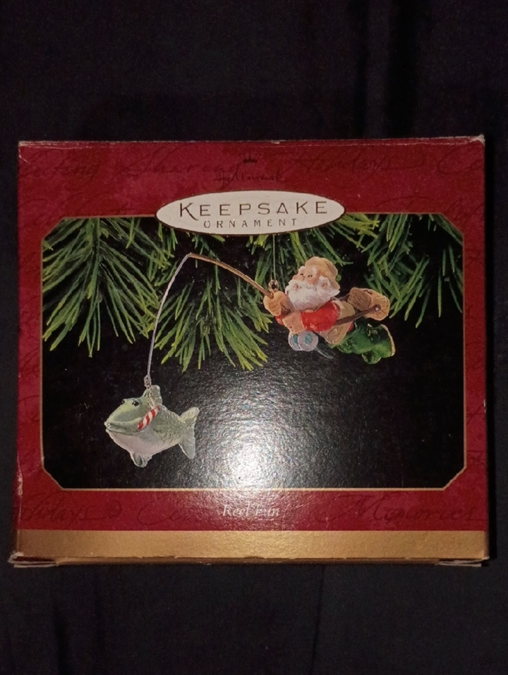 Vintage Hallmark Red and Green Santa Fishing Ornament Box Art